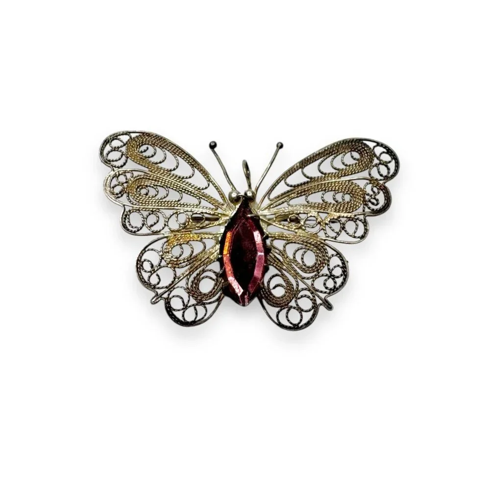 Butterfly Filigree Sterling Silver Brooch Purple Crystal Signed BAC - Picture 1 of 6